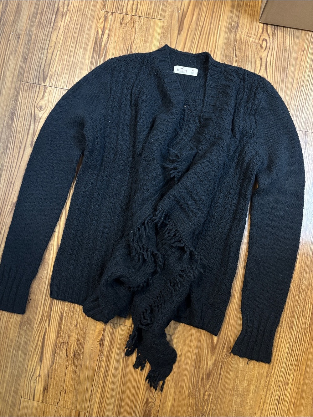 Hollister Black Open-Front Fringe Knit Cardigan
